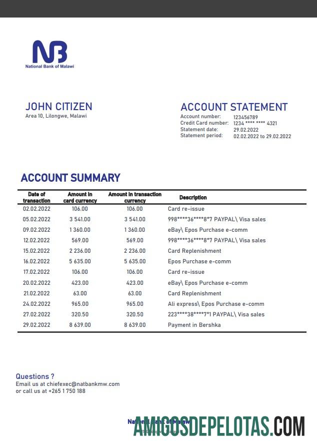 Modelo de declaração do Banco Nacional do Malawi do Malawi